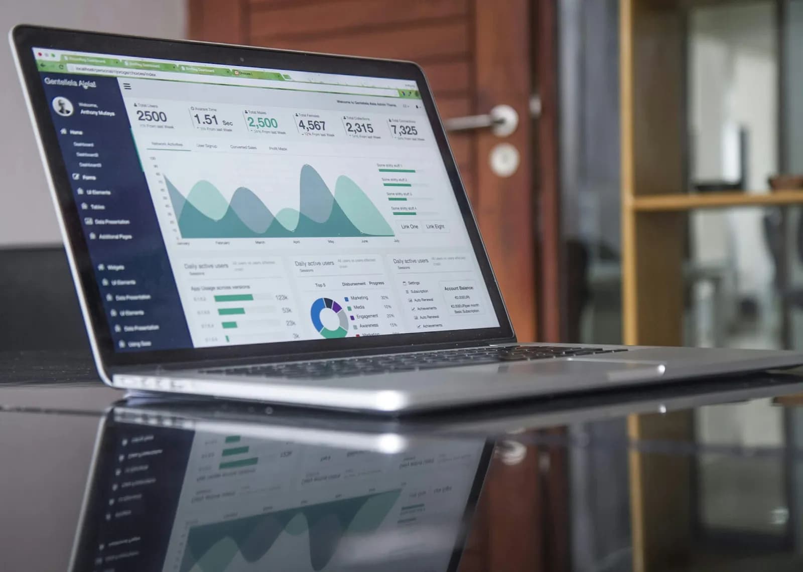 Laptop showing an analytics dashboard on a glass desk